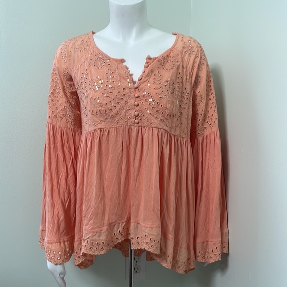 Free People Peach Sequin Bell Sleeve Blouse - Picture 2 of 9